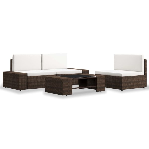 4 pcs conjunto lounge para jardim vime PE castanho