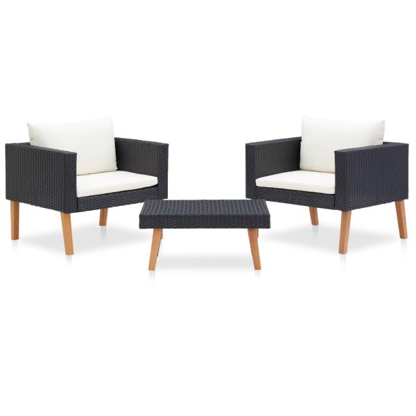 3 pcs conjunto lounge para jardim c/ almofadões vime PE preto