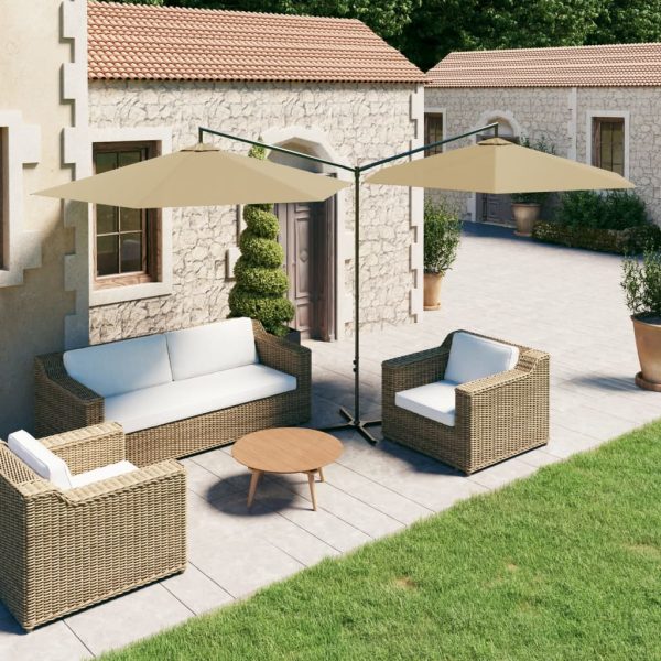 Guarda-sol duplo com mastro de aço 600 cm cinza-acastanhado