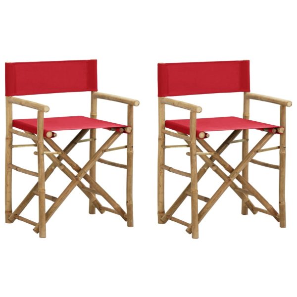 Cadeiras de realizador dobráveis 2 pcs bambu e tecido vermelho