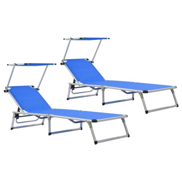 Espreguiçadeiras dobráveis c/ teto 2pcs alumínio/textilene azul