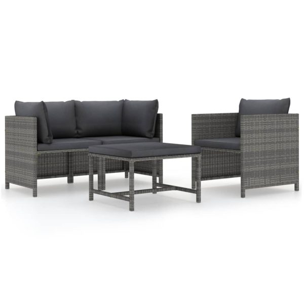 4 pcs conjunto sofás de jardim c/ almofadões vime PE cinzento