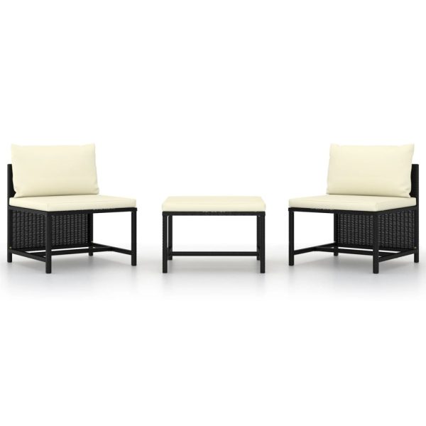 3 pcs conjunto sofás de jardim com almofadões vime PE preto