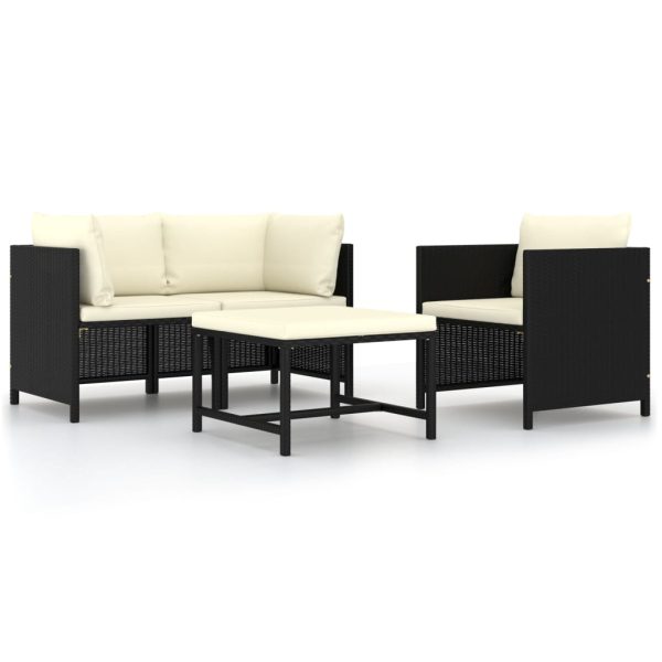 4 pcs conjunto sofás de jardim com almofadões vime PE preto