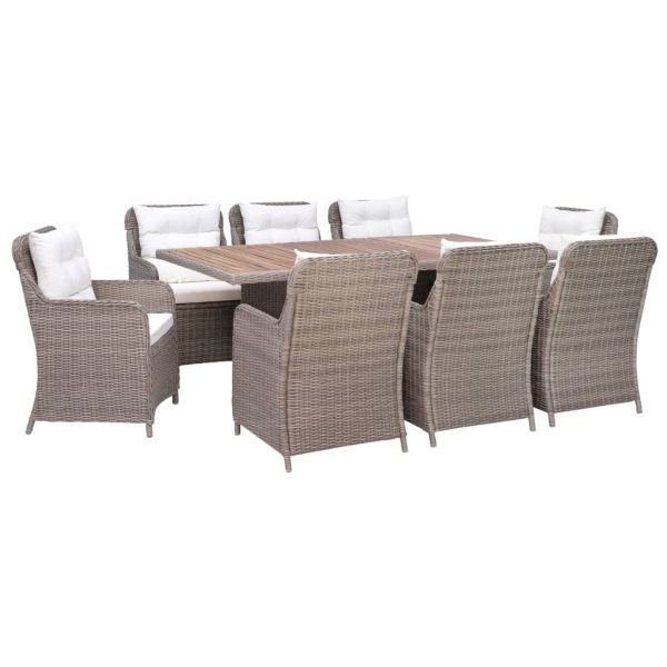 9 pcs conjunto jantar exterior com almofadões vime PE castanho