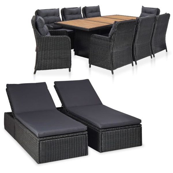 11 pcs conjunto de jantar para jardim vime PE preto
