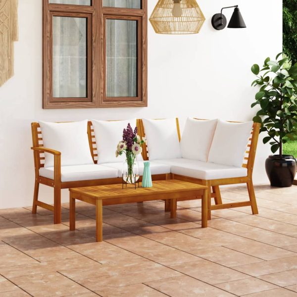 4 pcs conjunto lounge jardim c/ almofadões acácia maciça creme