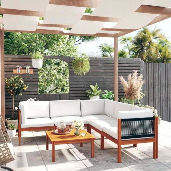 6 pcs conjunto lounge jardim c/ almofadões acácia maciça creme