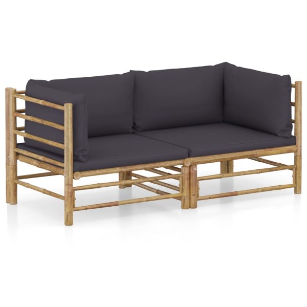 2pcs conj. lounge de jardim bambu c/ almofadões cinzento-escuro