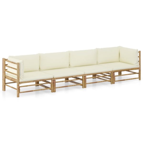 4 pcs conj. lounge p/ jardim em bambu c/ almofadões branco nata