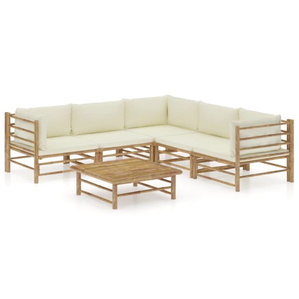 6 pcs conj. lounge p/ jardim em bambu c/ almofadões branco nata