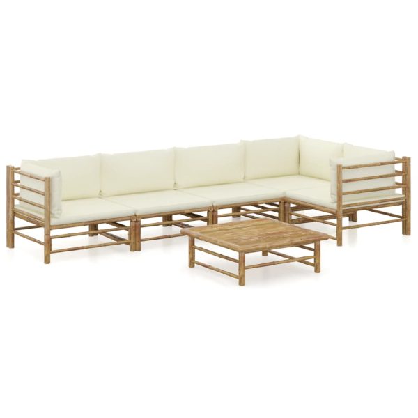 6 pcs conj. lounge p/ jardim em bambu c/ almofadões branco nata