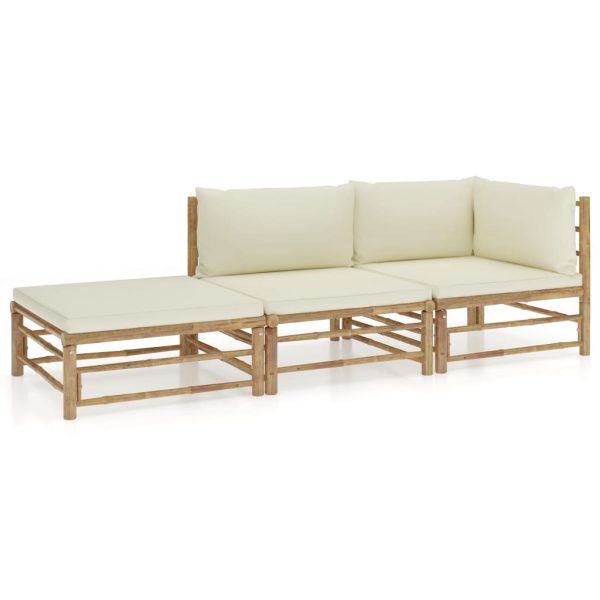 3 pcs conj. lounge p/ jardim em bambu c/ almofadões branco nata