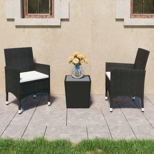 3 pcs conjunto bistrô vime PE e vidro temperado preto