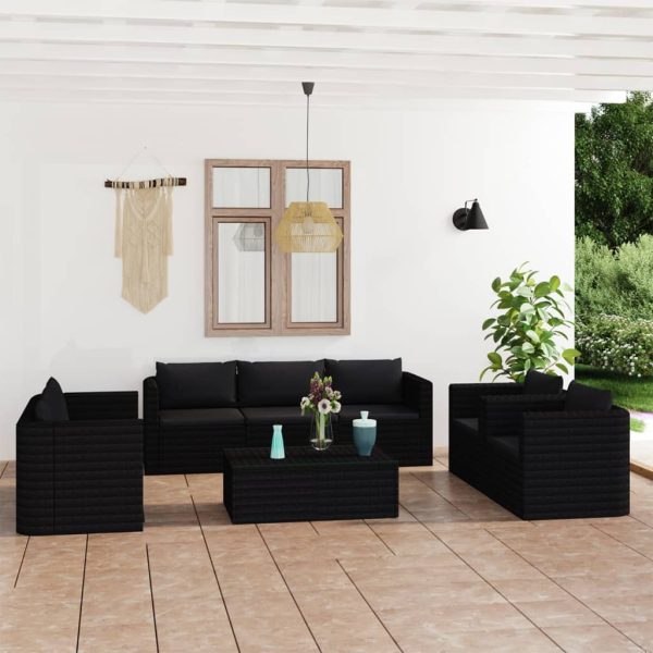 9 pcs conjunto lounge de jardim c/ almofadões vime PE preto