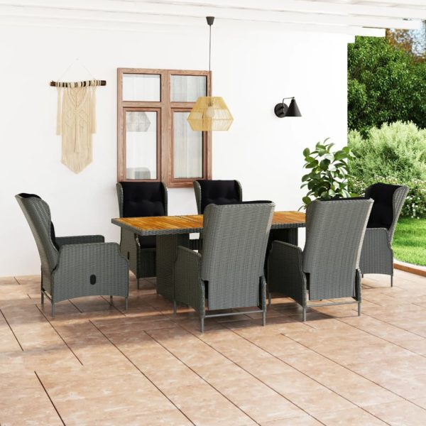 7 pcs conj. jantar exterior + almofadões vime PE cinzento-claro