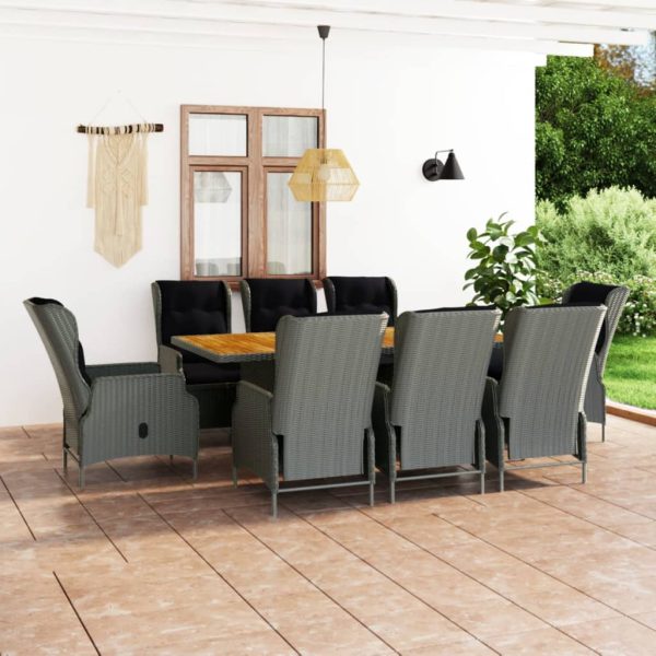 9 pcs conj. jantar exterior + almofadões vime PE cinzento-claro