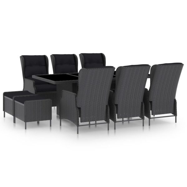 9 pcs conj. jantar exterior c/ almofadões vime PE cinza-escuro