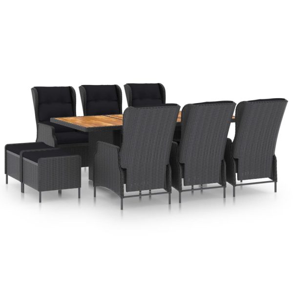 9 pcs conj. jantar exterior c/ almofadões vime PE cinza-escuro