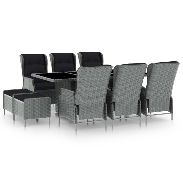 9 pcs conj. jantar exterior + almofadões vime PE cinzento-claro