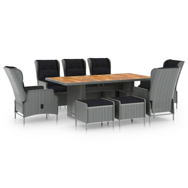 9 pcs conj. jantar exterior + almofadões vime PE cinzento-claro