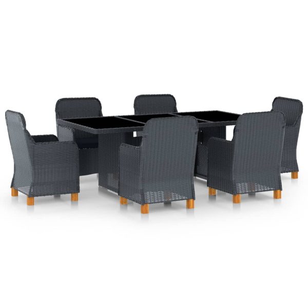 7 pcs conj. jantar exterior c/ almofadões vime PE cinza-escuro