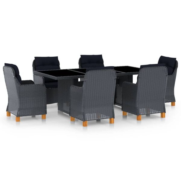 7 pcs conj. jantar exterior c/ almofadões vime PE cinza-escuro