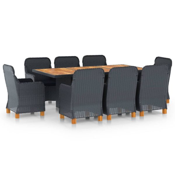 9 pcs conj. jantar exterior c/ almofadões vime PE cinza-escuro