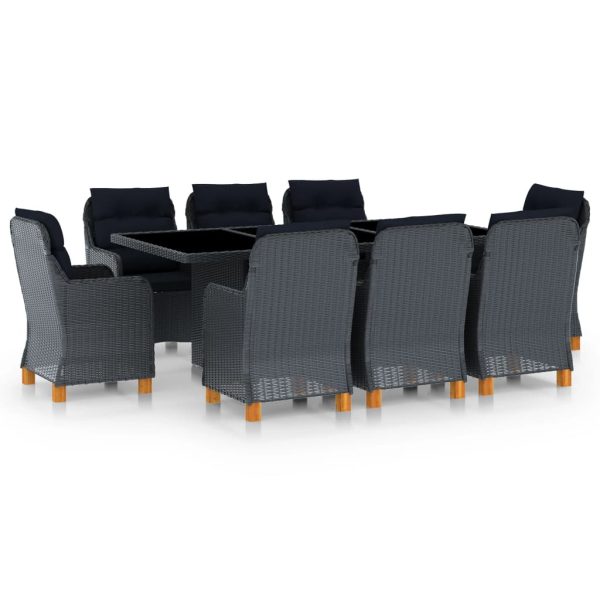 9 pcs conj. jantar exterior c/ almofadões vime PE cinza-escuro