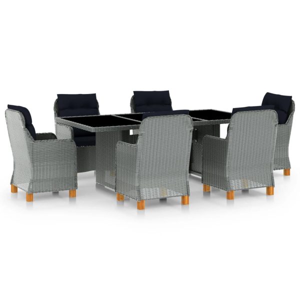 7 pcs conj. jantar exterior + almofadões vime PE cinzento-claro