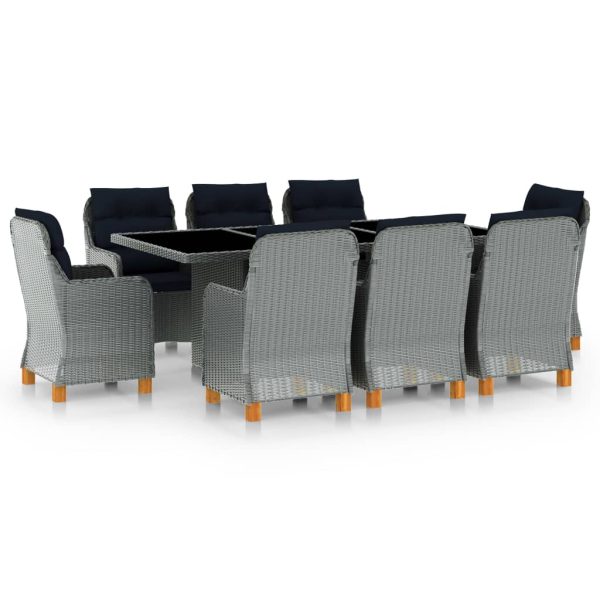 9 pcs conj. jantar exterior + almofadões vime PE cinzento-claro