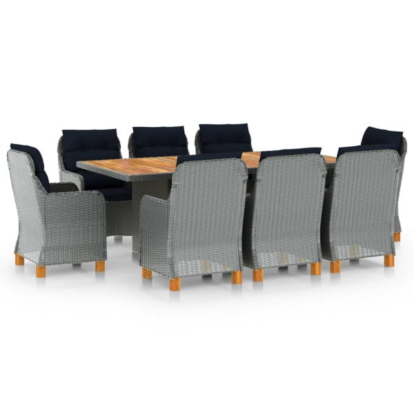 9 pcs conj. jantar exterior + almofadões vime PE cinzento-claro