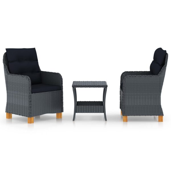 3 pcs conj. lounge jardim c/ almofadões vime PE cinzento-escuro