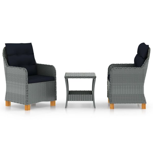 3 pcs conj. lounge jardim c/ almofadões vime PE cinzento-claro