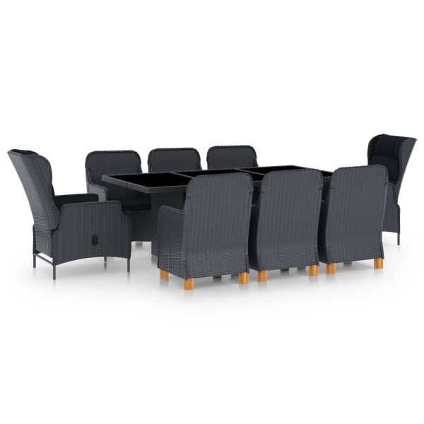 9 pcs conj. jantar exterior c/ almofadões vime PE cinza-escuro