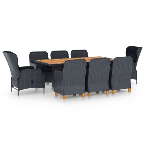 9 pcs conj. jantar exterior c/ almofadões vime PE cinza-escuro