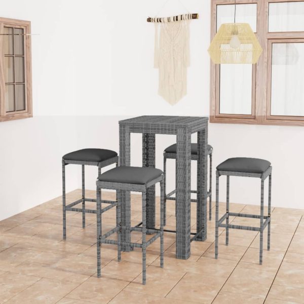 5 pcs conjunto de bar p/ jardim c/ almofadões vime PE cinzento