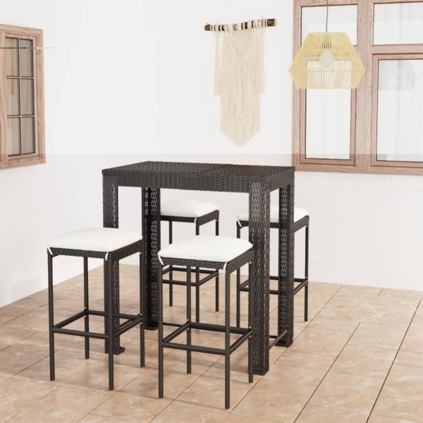5 pcs conjunto de bar p/ jardim c/ almofadões vime PE preto