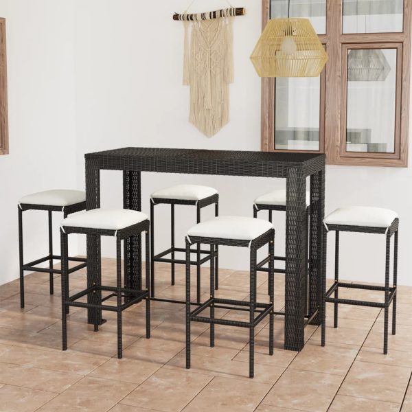 7 pcs conjunto de bar p/ jardim c/ almofadões vime PE preto