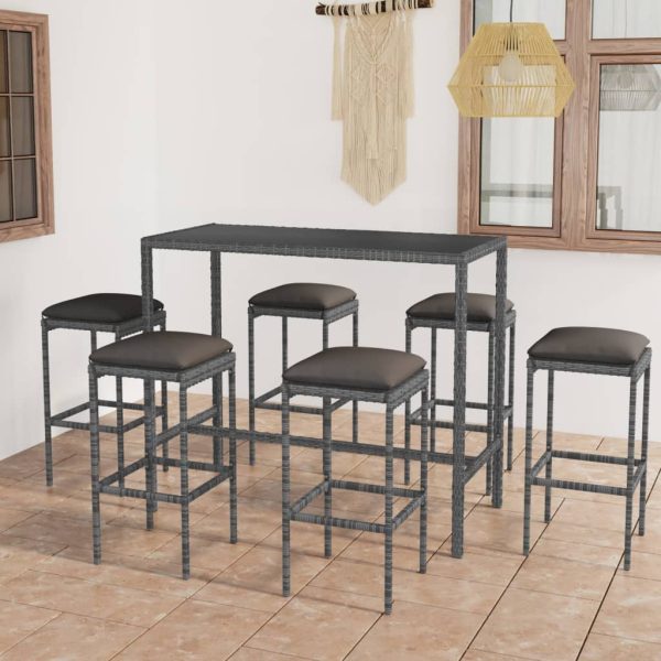 7 pcs conjunto de bar p/ jardim c/ almofadões vime PE cinzento
