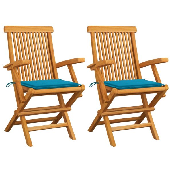 Cadeiras de jardim c/ almofadões azuis 2 pcs teca maciça