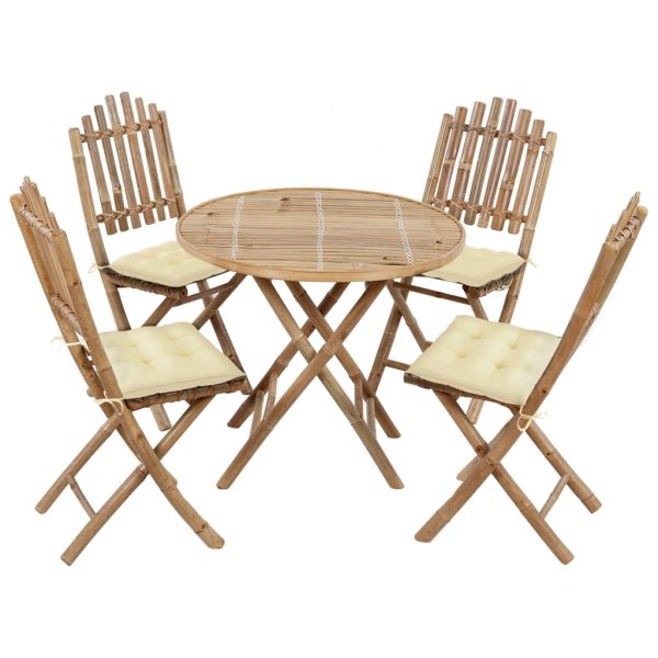 5 pcs conj. de jantar dobrável c/ almofadões p/ exterior bambu