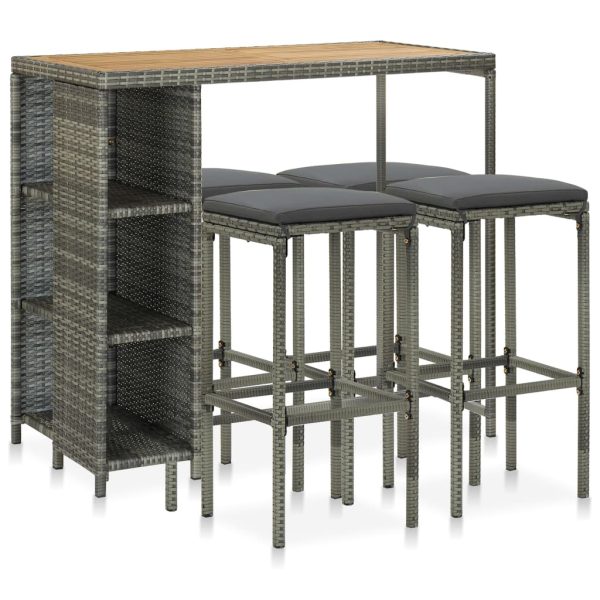 5 pcs conjunto de bar p/ jardim c/ almofadões vime PE cinzento