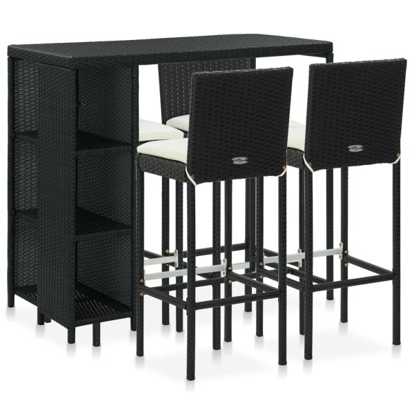 5 pcs conjunto de bar p/ jardim c/ almofadões vime PE preto