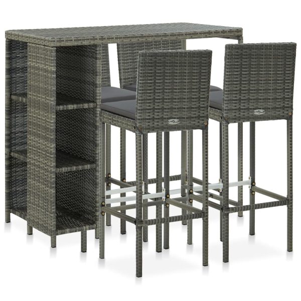 5 pcs conjunto de bar p/ jardim c/ almofadões vime PE cinzento