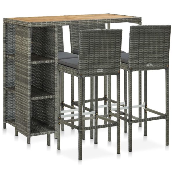 5 pcs conjunto de bar p/ jardim c/ almofadões vime PE cinzento