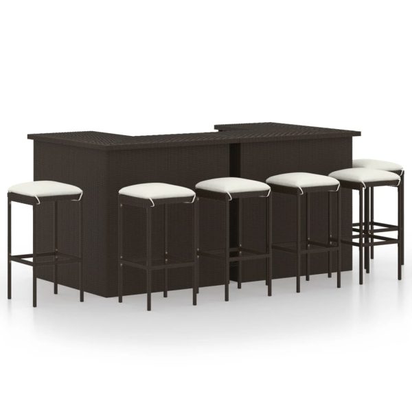 8 pcs conjunto de bar p/ jardim com almofadões vime PE castanho