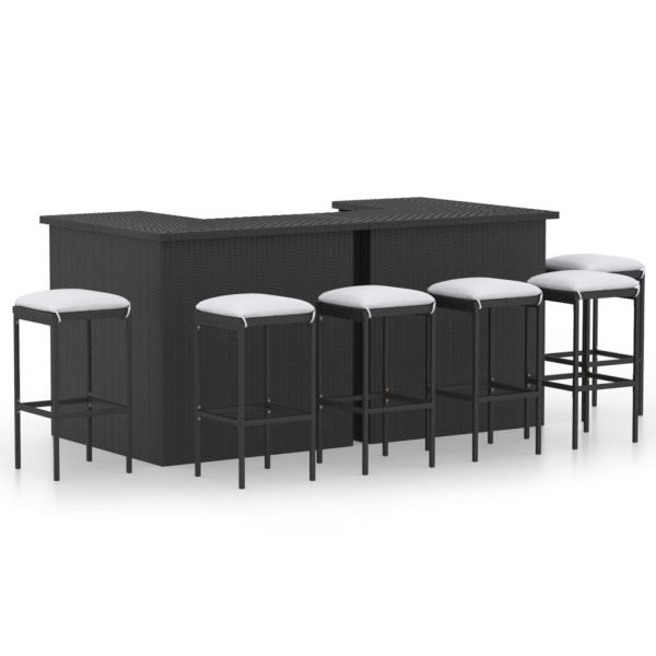 8 pcs conjunto de bar p/ jardim com almofadões vime PE preto