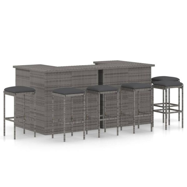 8 pcs conjunto de bar p/ jardim c/ almofadões vime PE cinzento