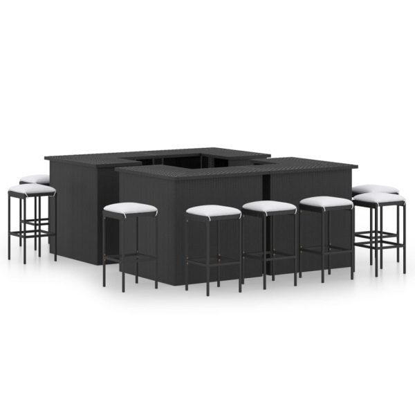 16 pcs conjunto de bar p/ jardim c/ almofadões vime PE preto